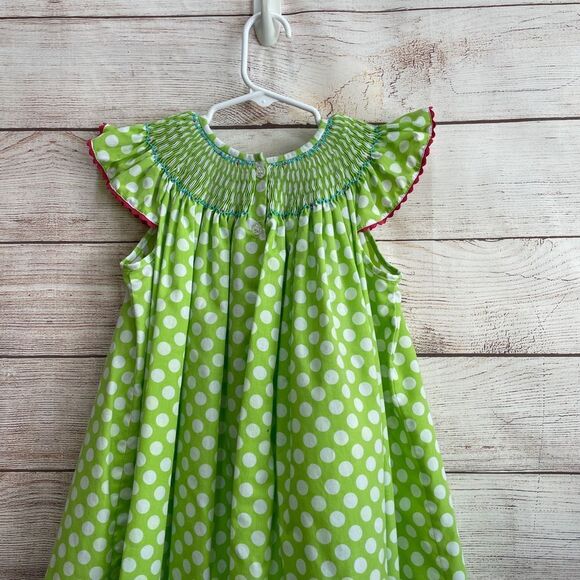 STITCHED AND SMOCKED GREEN AND WHITE POLKA DOT DRESS WITH EMBROIDERED‎ LADYBUGS - Picture 5 of 9